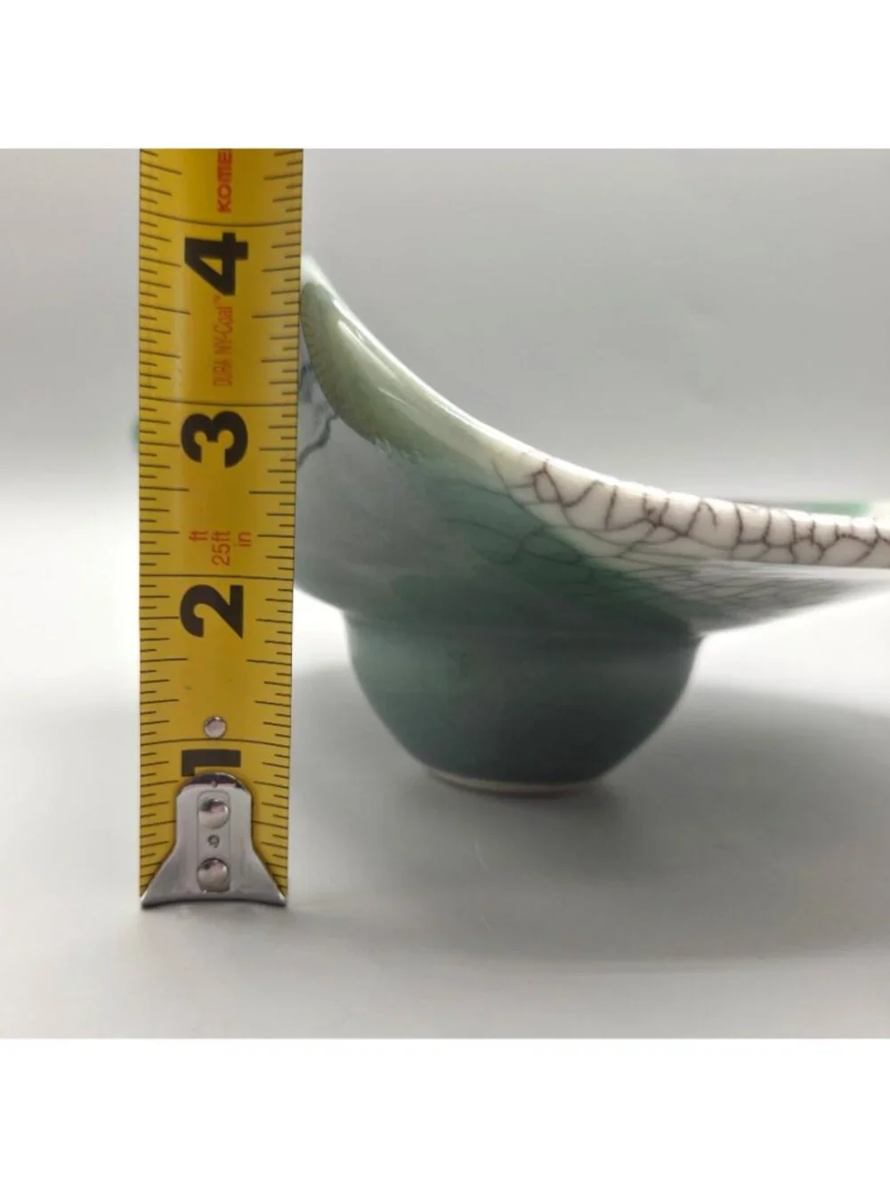 Artist Signed Ceramic Ikebana Vase Built-in Kenzan Frog Green Crackle 9